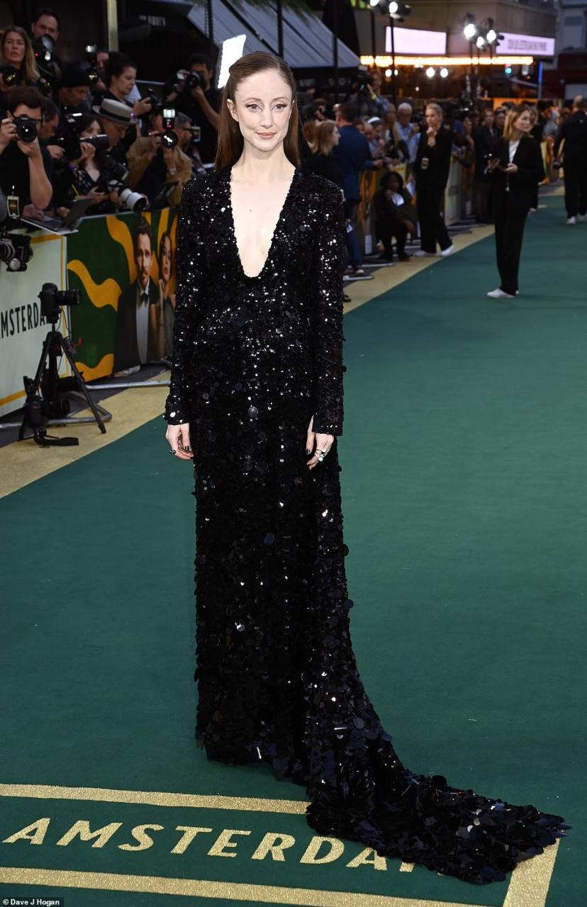 Showstopping: Andrea Riseborough cut a dazzling figure in a stunning black gown adorned with sequins that perfectly highlighted her alabaster complexion