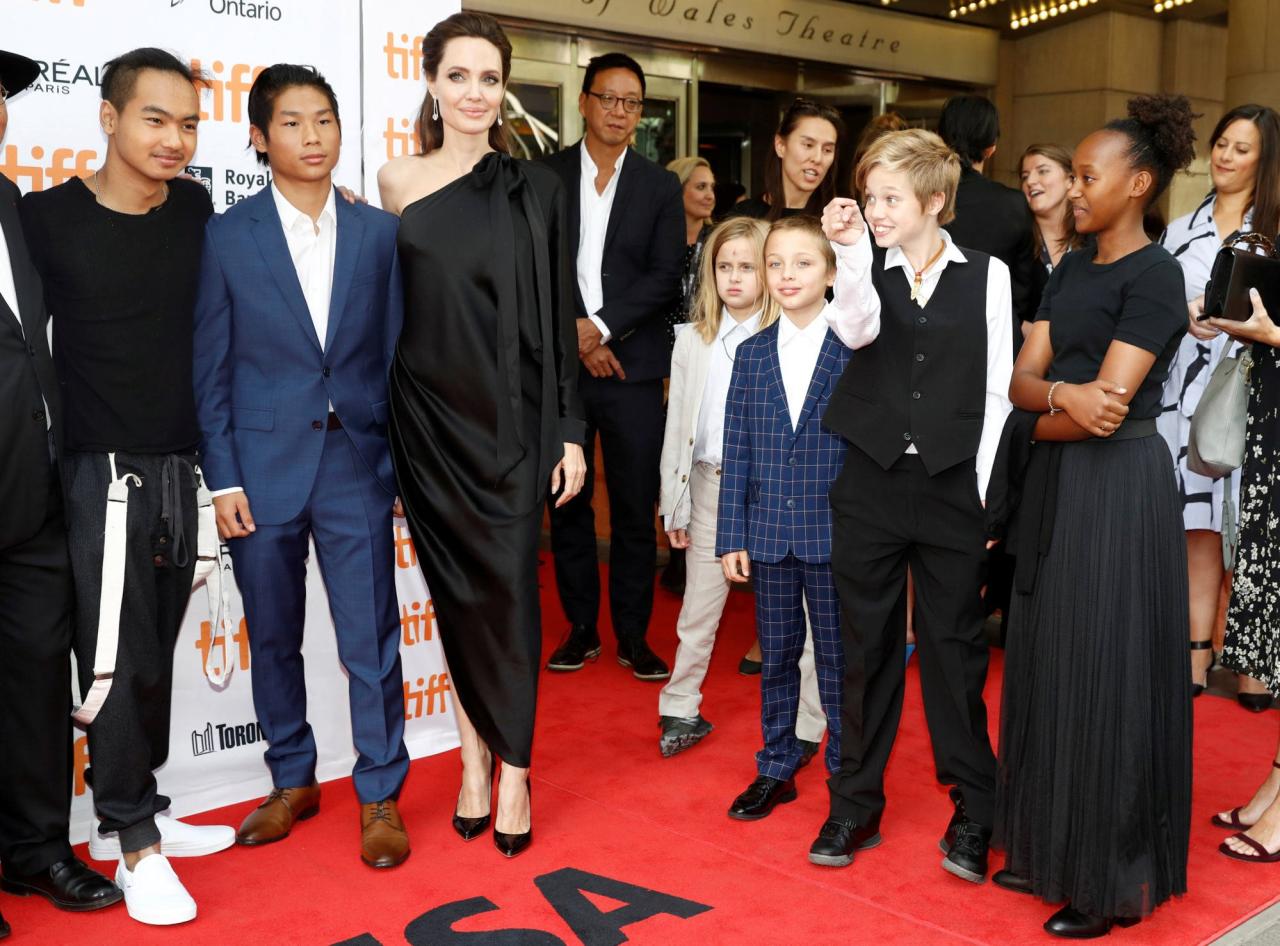 Director Angelina Jolie arrives on the red carpet with her six children Maddox, Pax, Vivienne, Knox, Shiloh and Zahara Jolie-Pitt, in September 2017. Photo: Reuters