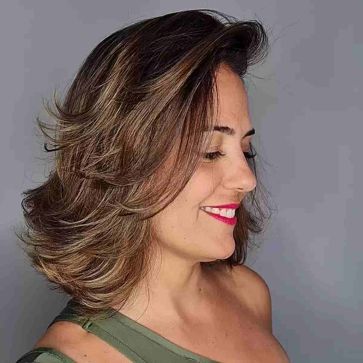 Caramel Balayage and Short to Medium Feathery Layers